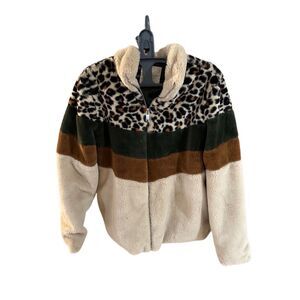 ALTAR’D STATE Women’s Beige Green Cheetah Leopard Faux Fur Coat Size Medium